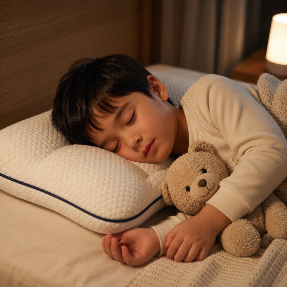 Enfant qui dort paisiblement avec son ours sur l'oreiller LulaBini