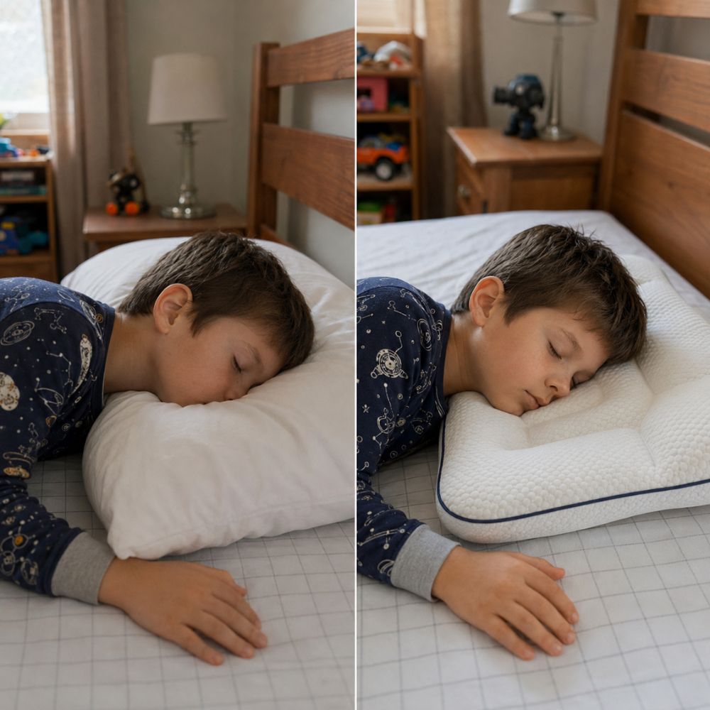 Comparaison avant après : enfant sur oreiller plat puis sur l'oreiller LulaBini